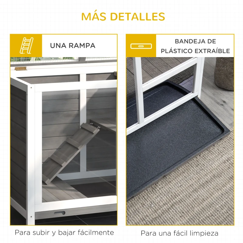 PawHut Conejera de Madera con Ruedas 91,5x53,3x73 cm Jaula para Conejos de 2 Niveles con Techo Abatible Gris