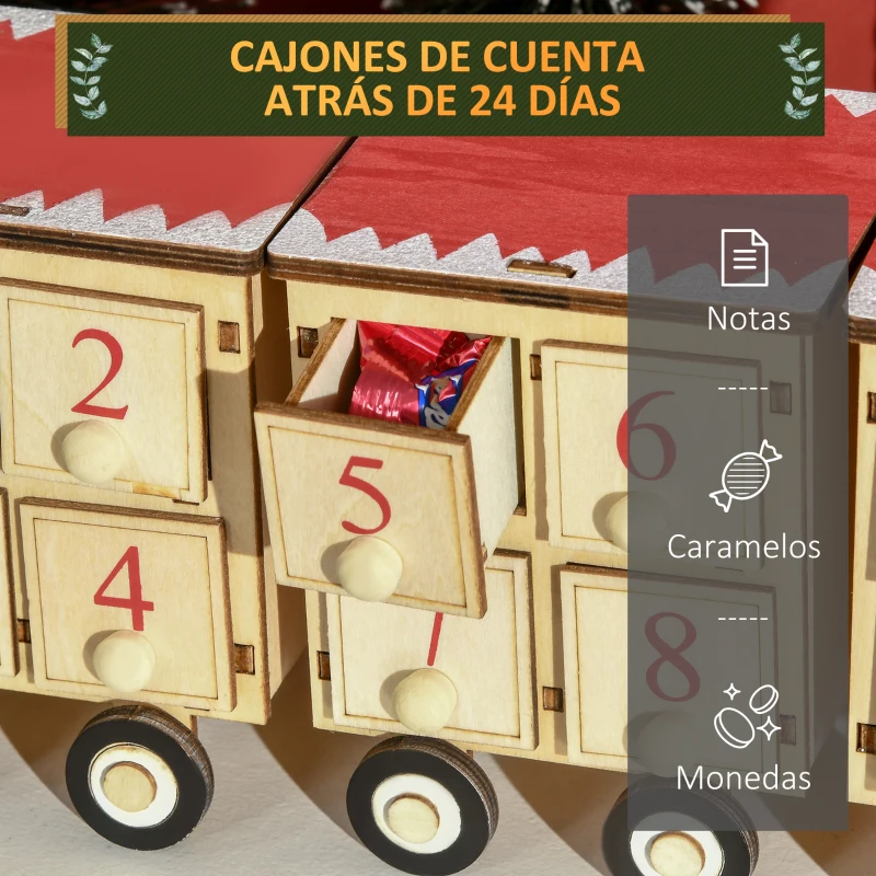 HOMCOM Calendario de Adviento de Navidad con Luz LED Decoración Navideña Modelo Tren 40x8x11 cm Natural