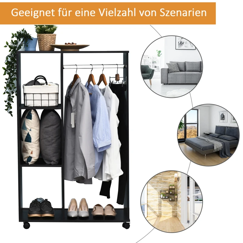 HOMCOM Kleiderschrank auf Rollen, mobile Garderobe, Garderobenschrank, Rollbarer Kleiderständer, 80 x 40 x 128 cm, Schwarz