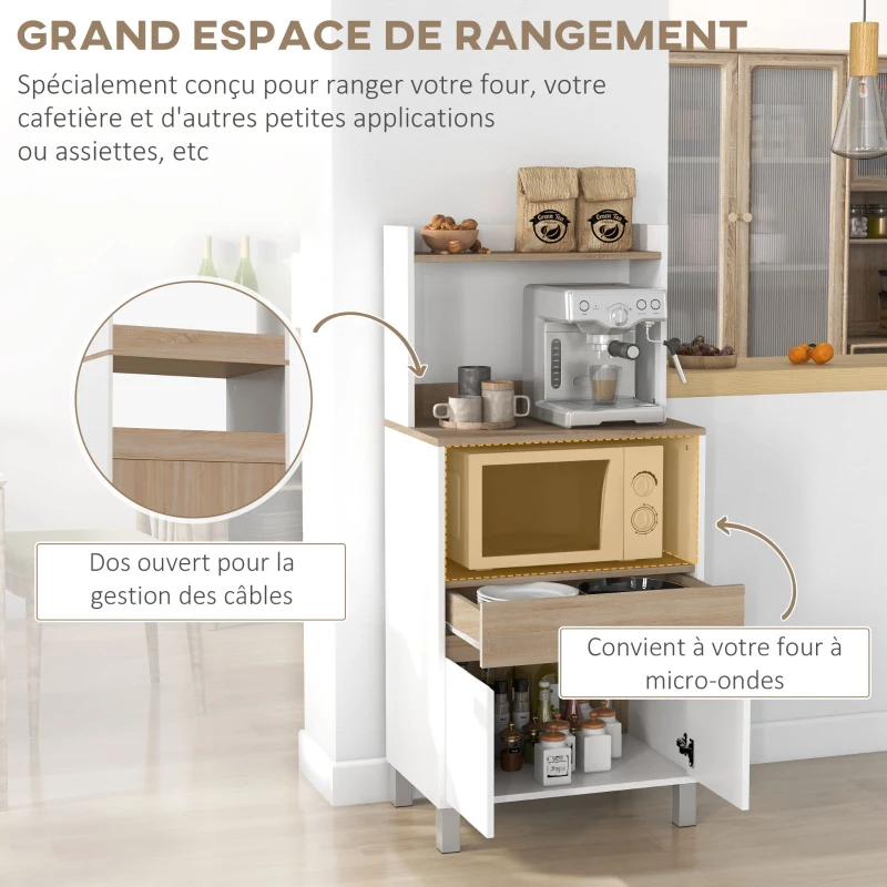 HOMCOM Meuble desserte de cuisine pour micro-ondes avec placard tiroir étagère supérieur 60 x 40 x 131 cm naturel et blanc