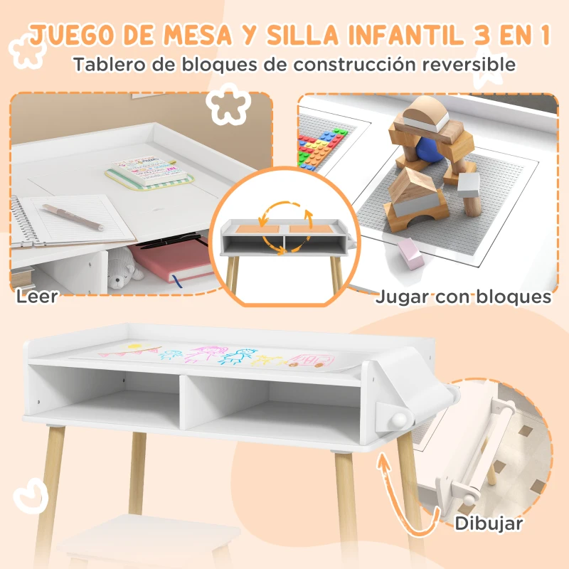 HOMCOM Juego de Mesa y Silla Infantil Mesa para Niños con Tablero de Bloques de Construcción y Rollo de Papel Blanco