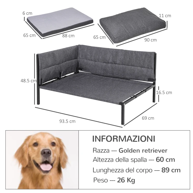 PawHut Cuccia per Cani Grandi Rialzata, Lettino Morbido per Cani fino 30kg, per Interni ed Esterni, Grigio, 93.5x69x48.5cm