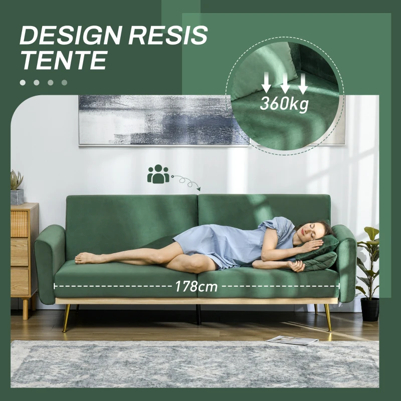 HOMCOM Divano Letto 3 Posti con Design Clic Clac e 2 Cuscini, in Tessuto Effetto Velluto, 206x81x83 cm, Verde