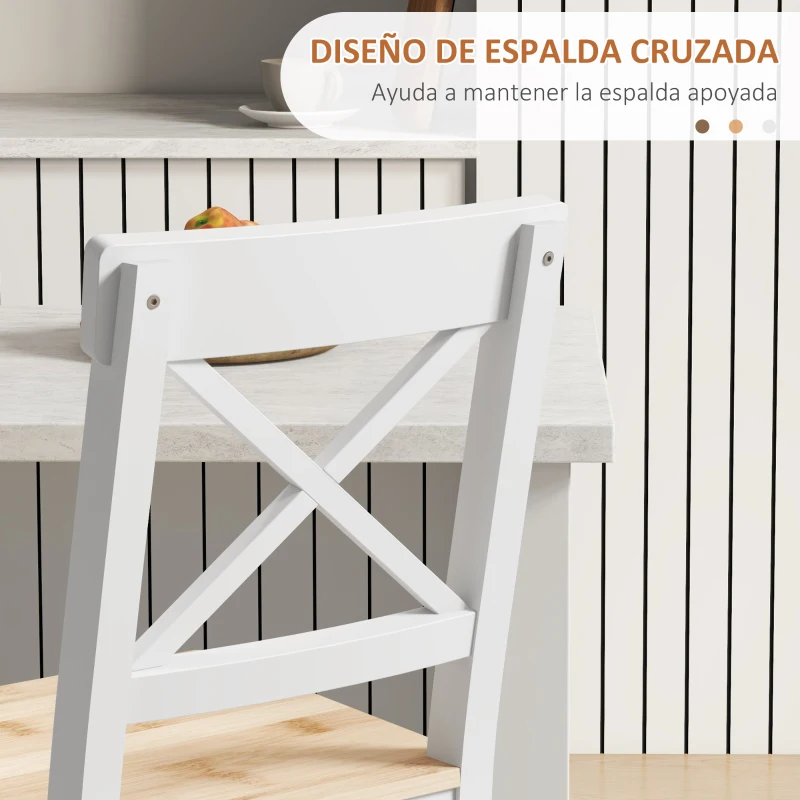 HOMCOM Taburetes Altos de Cocina de Madera Altura Asiento 60,2 cm con Respaldo y Reposapiés 41x46x97,5 cm Natural y Blanco