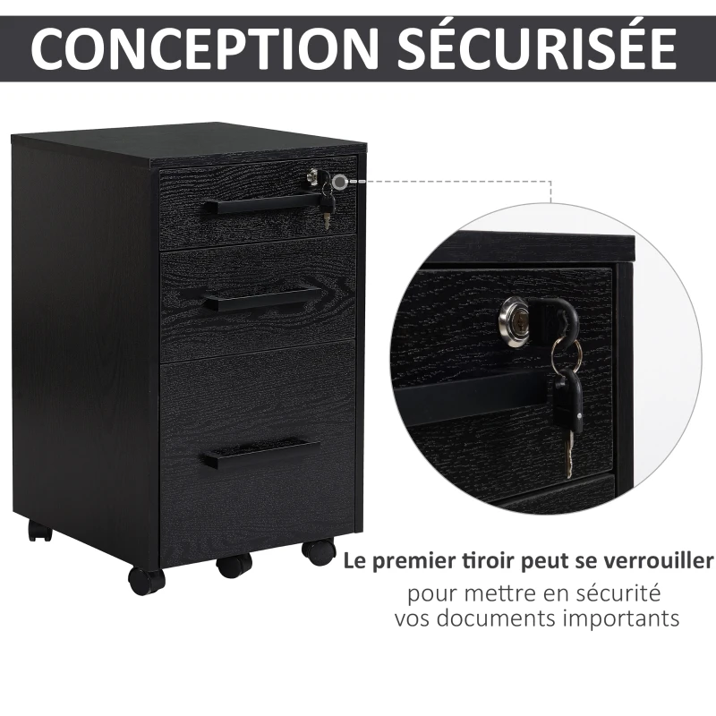 HOMCOM Caisson de bureau rangement bureau sur roulettes 3 tiroirs 1 verrouillable 1 trieur à dossiers MDF panneaux particules noir
