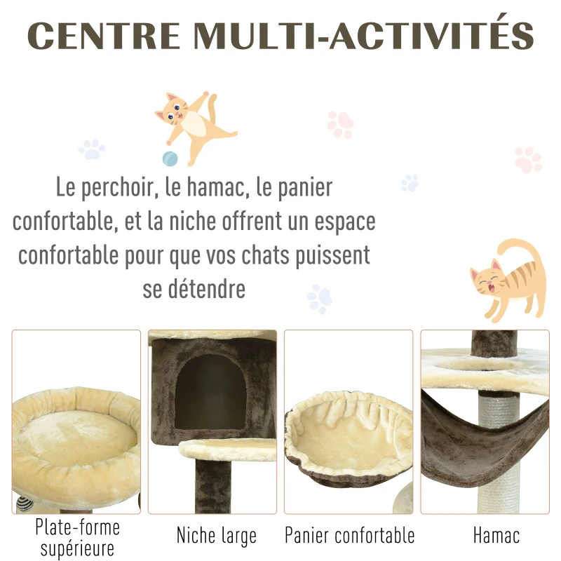 PawHut Arbre à chats centre d'activités griffoirs grattoir sisal niche hamac plateformes boule suspendue revêtement peluche courte 65L x 50l x 153H cm beige café