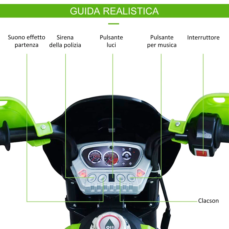 HOMCOM Moto da Cross Elettrica con 2 Rotelline Ausiliarie per Bambini 3-6 anni, Moto Giocattolo 109×52.2×70.5cm Verde