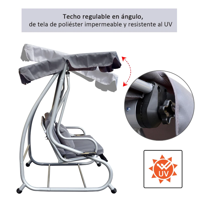 Outsunny Columpio Balancín Jardín 3 Plazas Convertible en Cama Techo Parasol Regulable Bandeja para Bebida Terrza Balcón Exterior Carga máx. 340kg Acero 200x120x164cm Gris