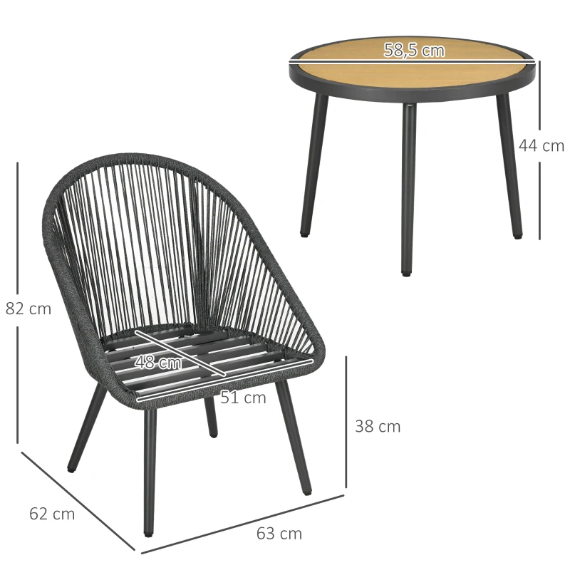 Outsunny 3-teiliges Bistro-Set aus PE-Rattan, wetterbeständig, 1 Tisch, 2 Stühle, 63 cm x 62 cm x 82 cm, Dunkelgrau
