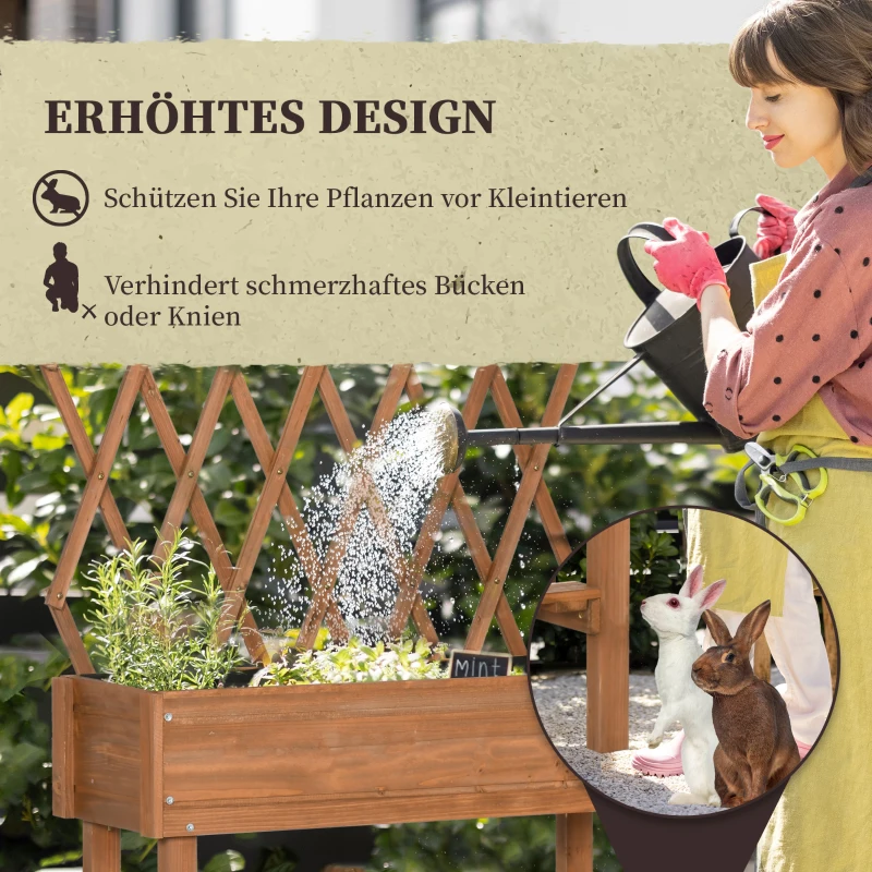 Outsunny Hochbeet, integriertes Spalier, Ablageregal, Räder, Massivholz, braun, 79 x 29 x 130 cm