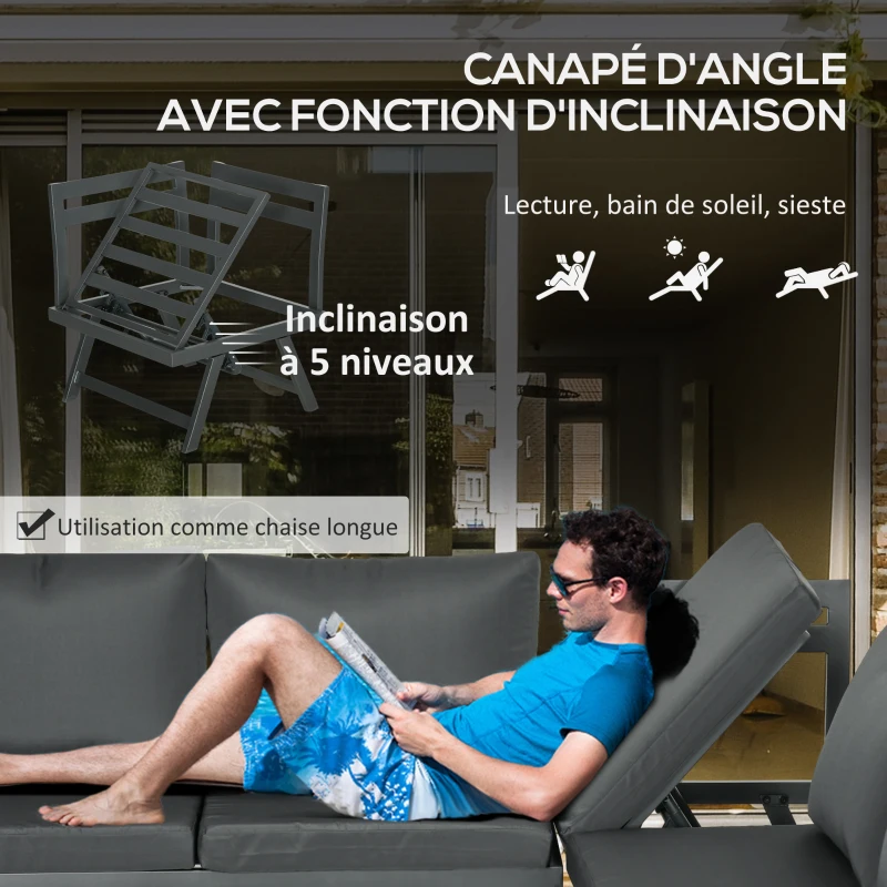 Outsunny Ensemble salon de jardin d'angle et convertible 4 pièces avec 2 banquettes, 1 fauteuil d'angle et 1 table basse