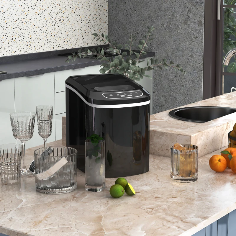 HOMCOM Eiswürfelmaschine, 2, 2 Liter, 12 kg in 24 h, Eiskugeln, selbstreinigend, Eiswanne, Eisschaufel, Schwarz