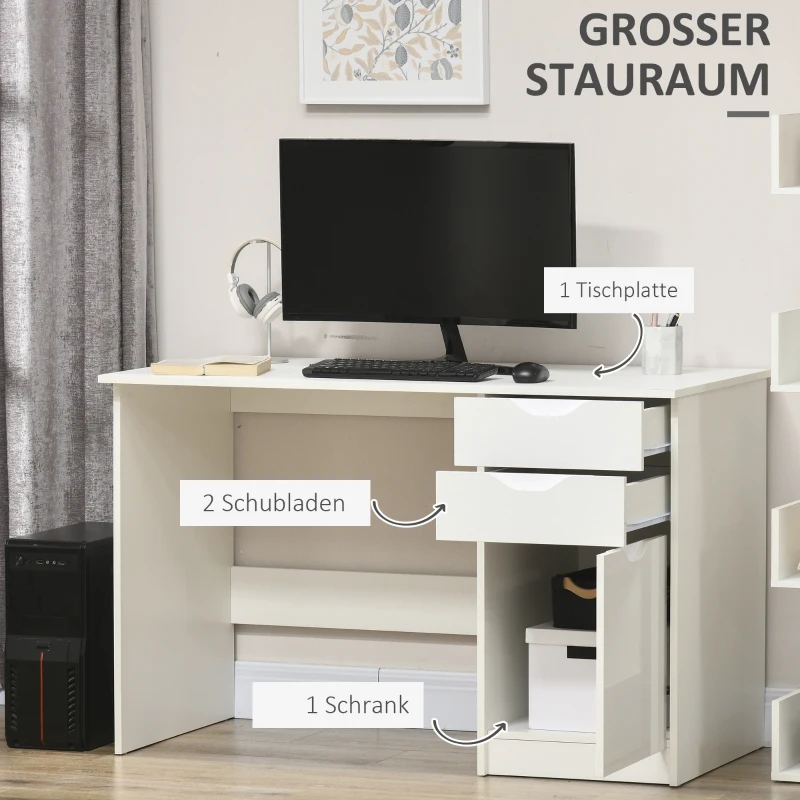 HOMCOM Computertisch, Schreibtisch,  2 Schubladen, Hochglanzoptik, Weiß