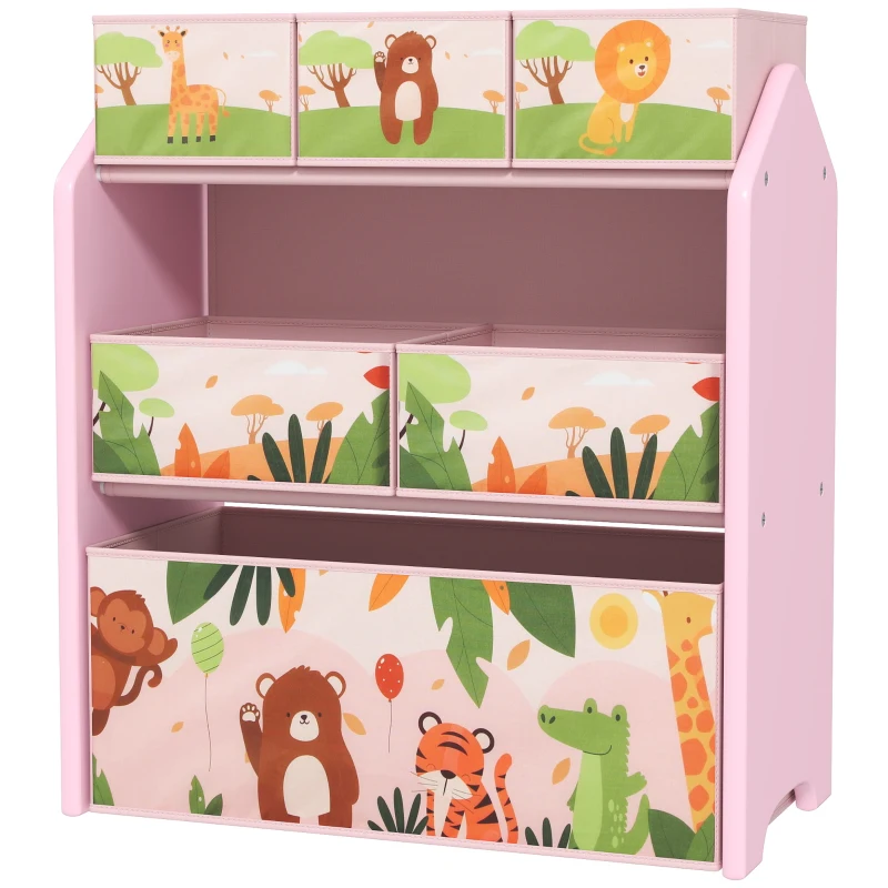 AIYAPLAY 3-Tier Kids Toy Storage Unit with 6 Removable Storage Boxes, for Playroom, Bedroom, Children's Room, Nursery, Pink