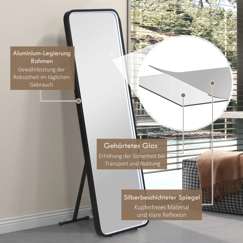 HOMCOM Standspiegel Wandspiegel Ganzkörperspiegel inklusive Wandbefestifung, 151,5 x 50 x 4 cm, Schwarz