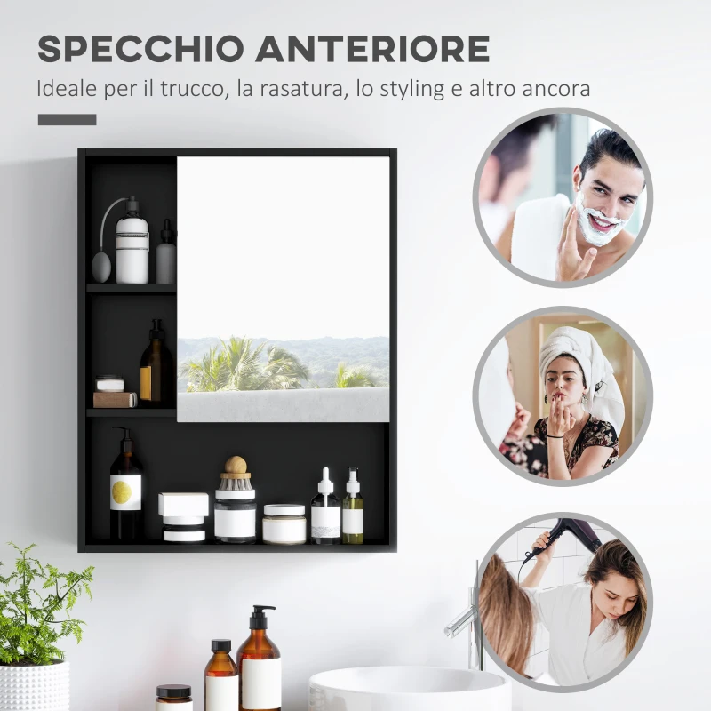 kleankin Armadietto Bagno con Specchio, Ripiani e Scaffale Regolabile, Montaggio a Parete, 60x15x76cm, Nero