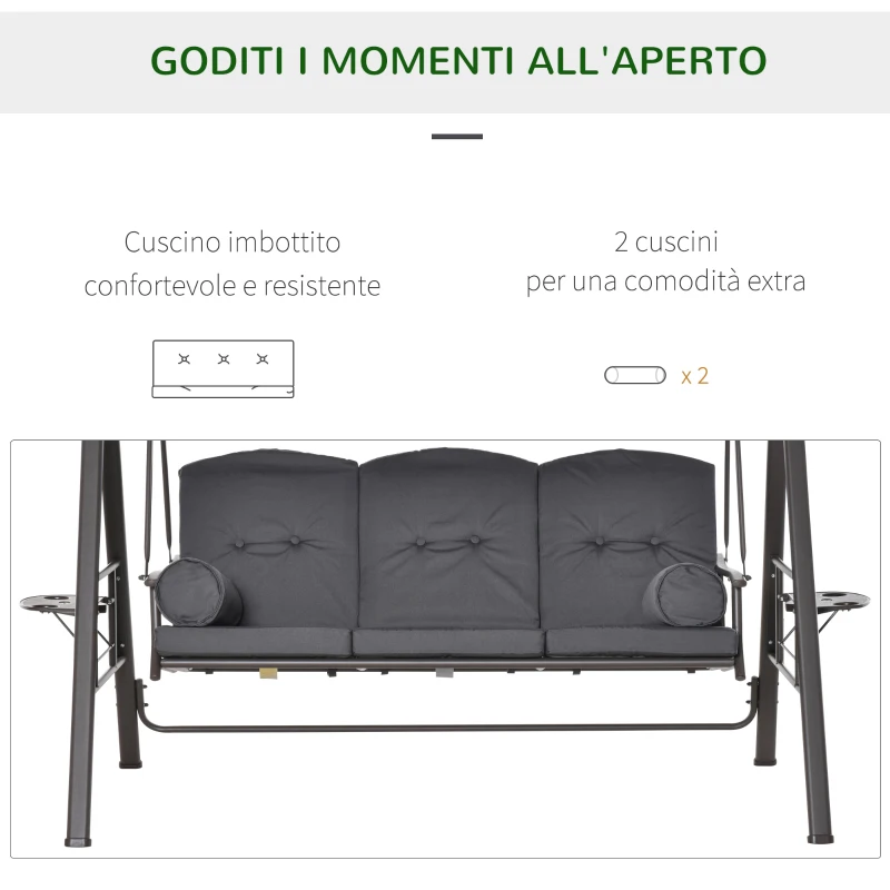Outsunny Dondolo da Giardino 3 Posti con Tetto Regolabile, Portabicchieri e Cuscini, 208x120x172 cm, Grigio