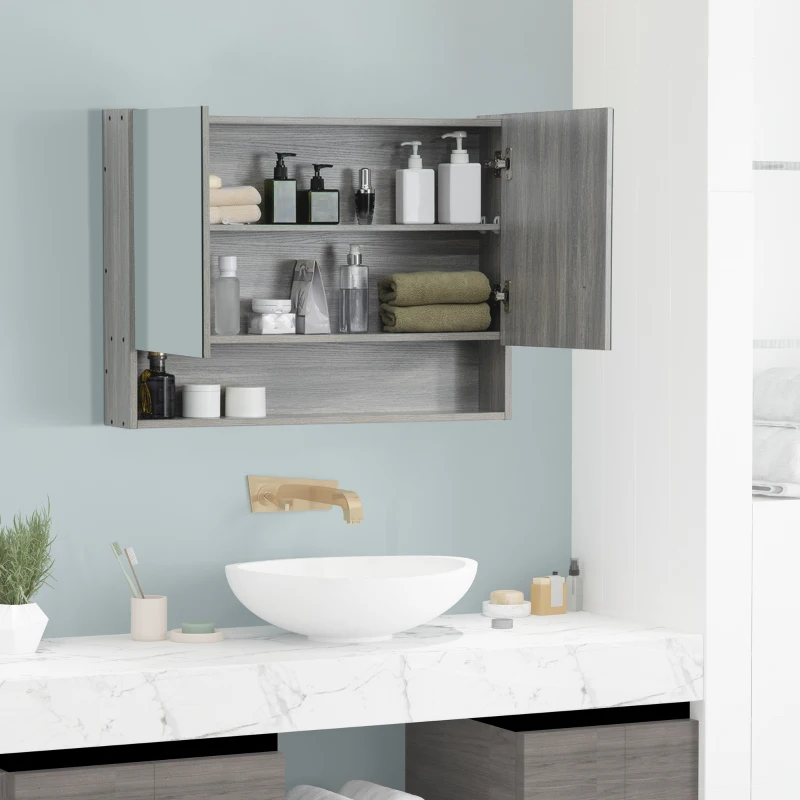 kleankin Spiegelschrank Badschrank mit zwei Türen und Ablage wasserfest Grau 80 x 15 x 60cm