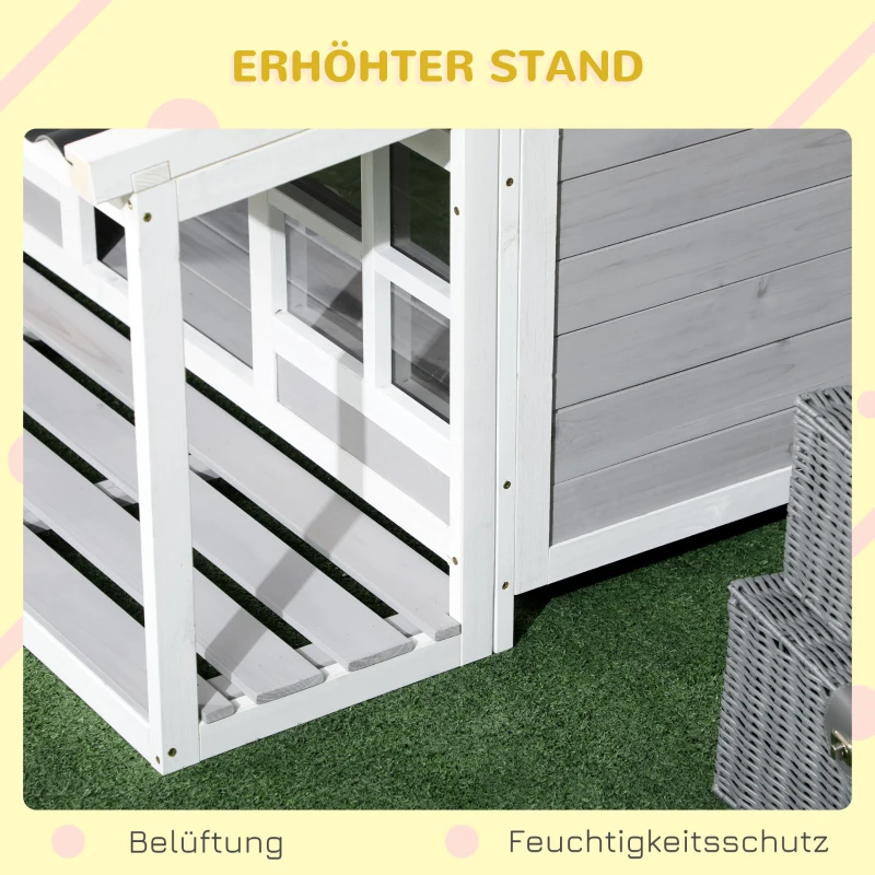 PawHut Hundehütte mit Veranda, wetterbeständig, behandeltes Tannenholz, 3 Fenster, Hellgrau + Weiß