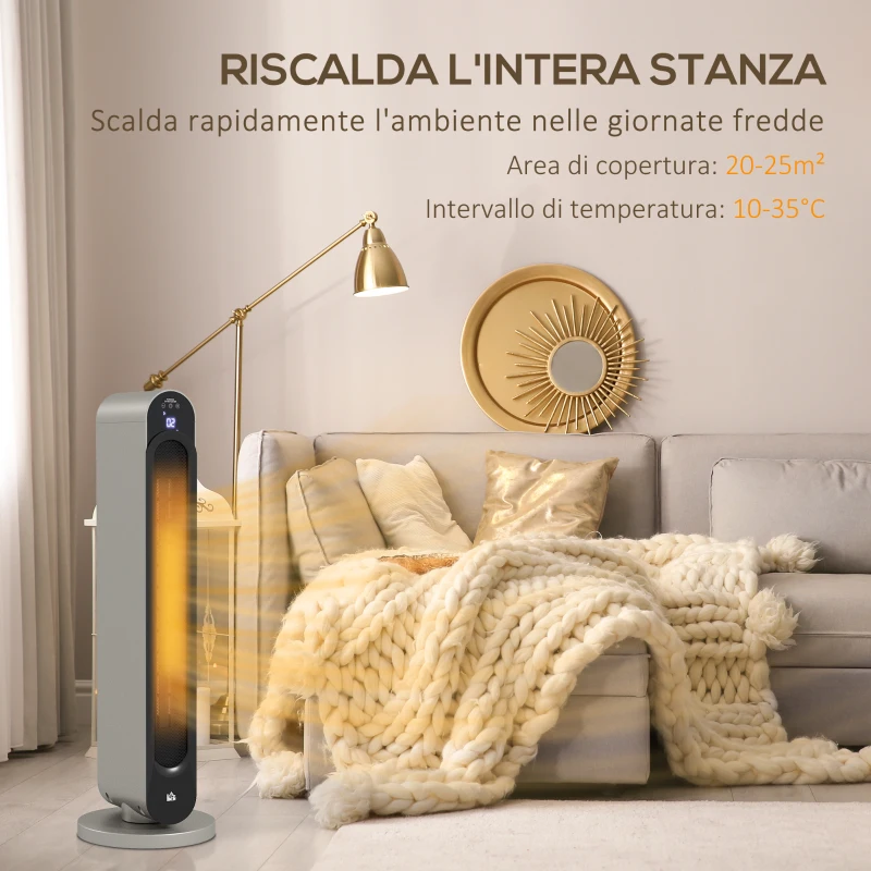HOMCOM Stufa Elettrica Oscillante a 3 Modalità, Temperatura Regolabile e Telecomando, Ø25x73.5 cm, Argento