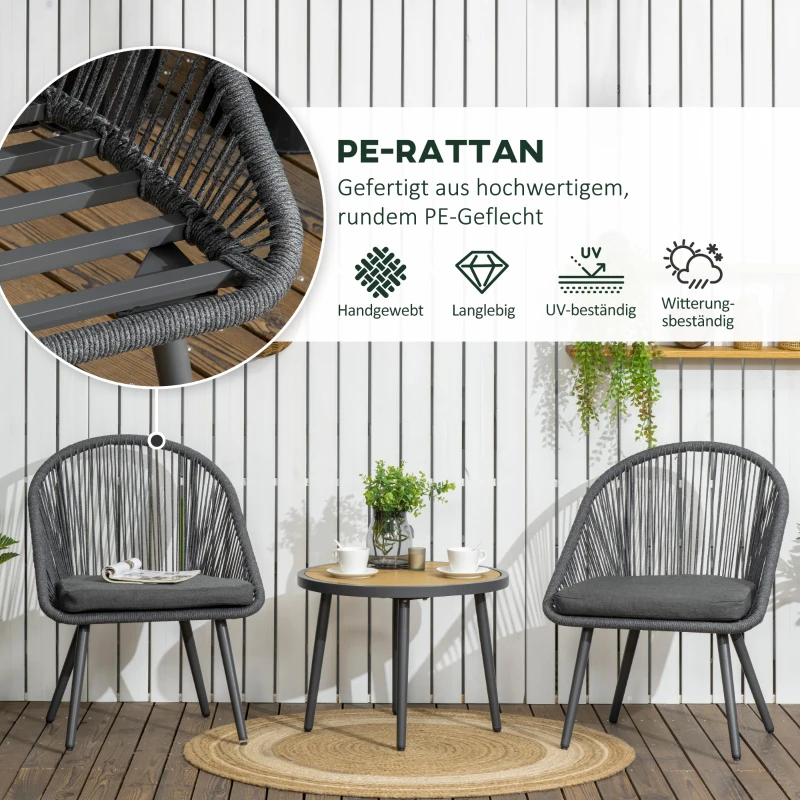 Outsunny 3-teiliges Bistro-Set aus PE-Rattan, wetterbeständig, 1 Tisch, 2 Stühle, 63 cm x 62 cm x 82 cm, Dunkelgrau