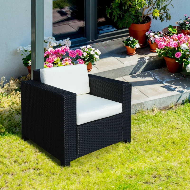 Outsunny Single Seater Rattan Chair Sofa with 10 cm Thick Padded Cushion, All-Weather PE Wicker Weave Garden Armchair with Armrests, Black