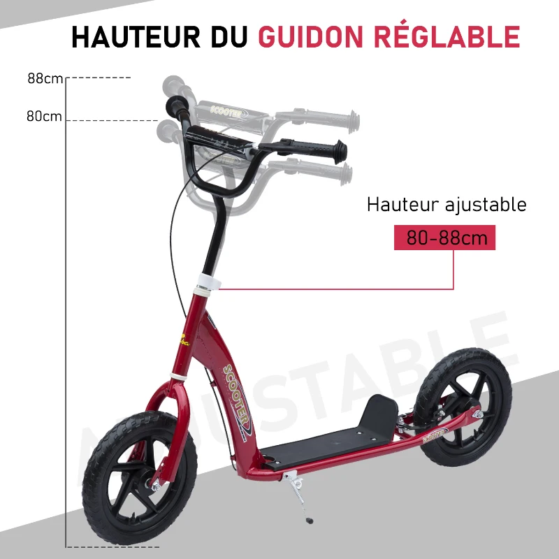 HOMCOM Trottinette patinette Enfants à partir de 5 Ans pneus 30 cm Guidon réglable poignée Frein et béquille Acier Rouge