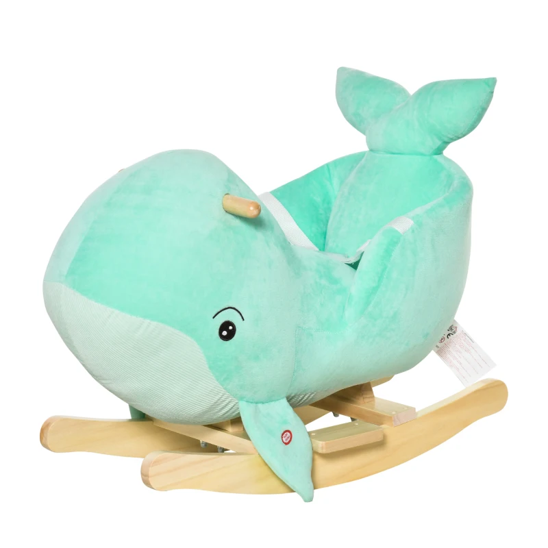HOMCOM Caballito Balancín Forma Ballena para Niños de 18-36 Meses Mecedora de Felpa con Sonidos Cinturón de Seguridad y Reposapiés 60x33x50 cm Turquesa