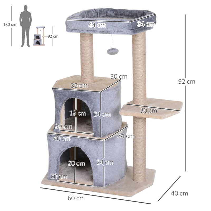 PawHut Árbol Rascador para Gatos de 92 cm Torre para Gatos Mediano con 2 Cuevas Bola Colgante y Postes para Rascar Gris