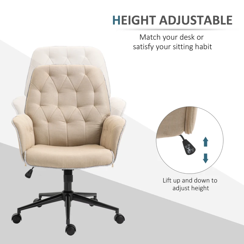 Vinsetto Office Desk Chair, Linen-Feel Fabric Vanity Chair with Adjustable Height, Armrest, Swivel Chair for Home, Beige