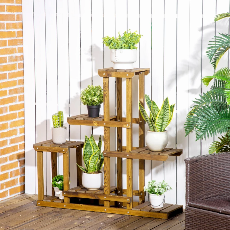 Outsunny Étagère à Fleurs en Bois Supports de Pots Porte Plante 6 tablettes - dim. 100L x 25l x 97H cm - Bois Massif de pin pour Intérieur Jardin Terrasse Balcon