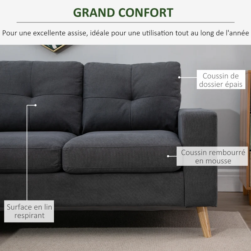 HOMCOM Canapé droit 3 places et pouf modulable avec accoudoirs design scandinave 193 x 136 x 85 cm gris anthracite