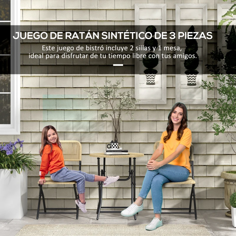 Outsunny Juego de 3 Piezas Muebles de Jardín Plegable de Ratán con 2 Sillas y 1 Mesa de Centro Redonda para Terraza Natural