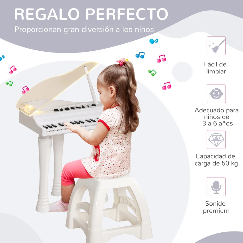 AIYAPLAY Juego de Piano Infantil de 32 Teclas con Micrófono Taburete Luces 22 Canciones y 4 Sonidos 37x30,5x60,4 cm Blanco