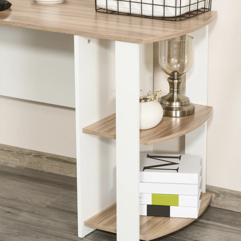 HOMCOM Bureau informatique bureau d'angle contemporain avec étagères en panneaux de particules idéal pour maison dortoir 136 x 130 x 72 cm bicolore imitation noyer clair blanc