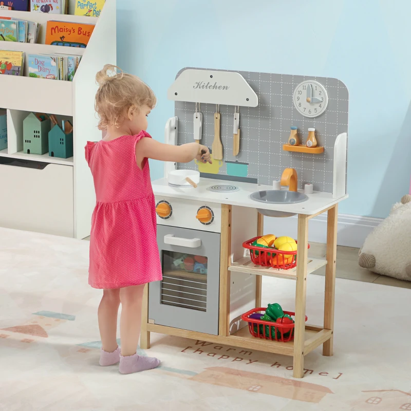 AIYAPLAY Cocinita Infantil Cocinita de Madera Infantil con Sonido Fogón Horno Grifo Fregadero y Accesorios de Cocina Gris