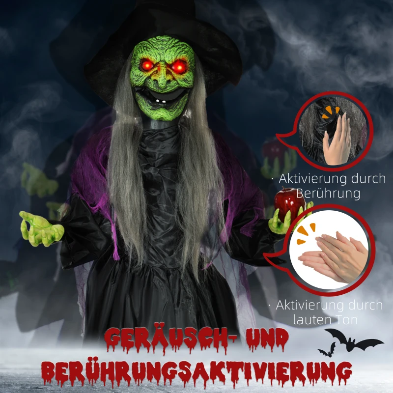 HOMCOM Hexe mit Giftapfel, Helloweendeko, gruselige Laute, rote Augen, bewegliche Arme, 180 cm(m-6)