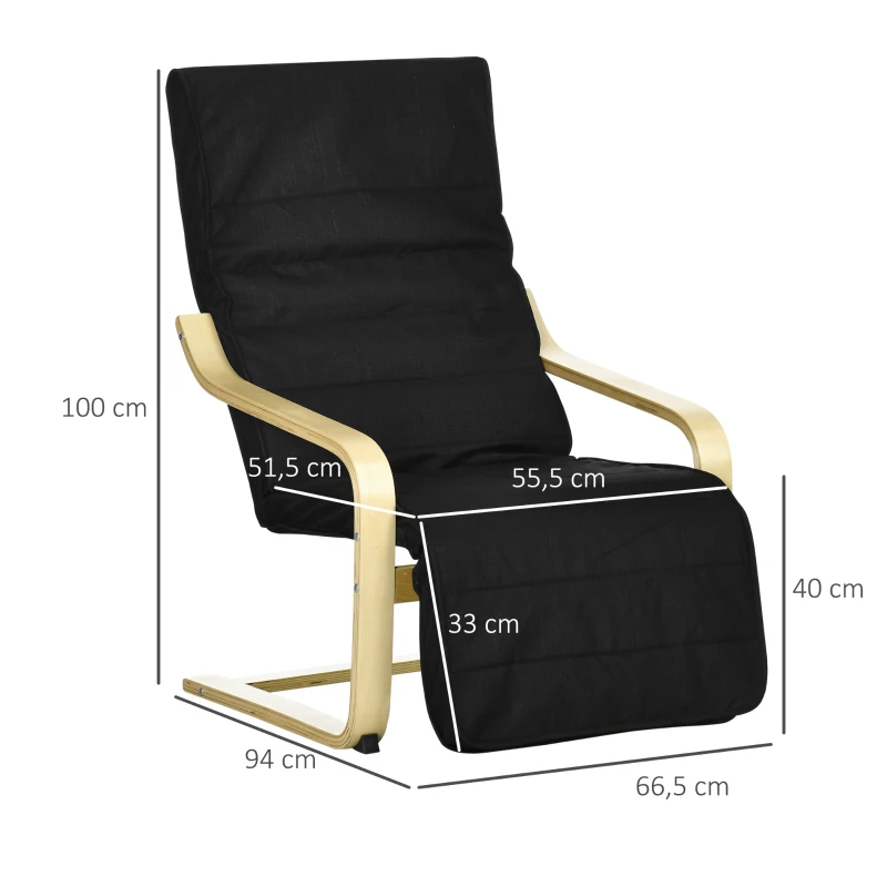 HOMCOM Sillón de Salón con Reposapiés Ajustable Butaca Tapizado en Tela para Oficina Dormitorio 66,5x94x100cm Negro