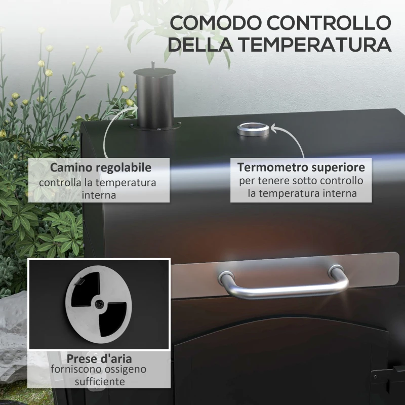 Outsunny Barbecue da Giardino a 2 Ruote con Griglia, Affumicatore e Fornello, in Metallo e Ghisa, 124x66x112 cm, Nero