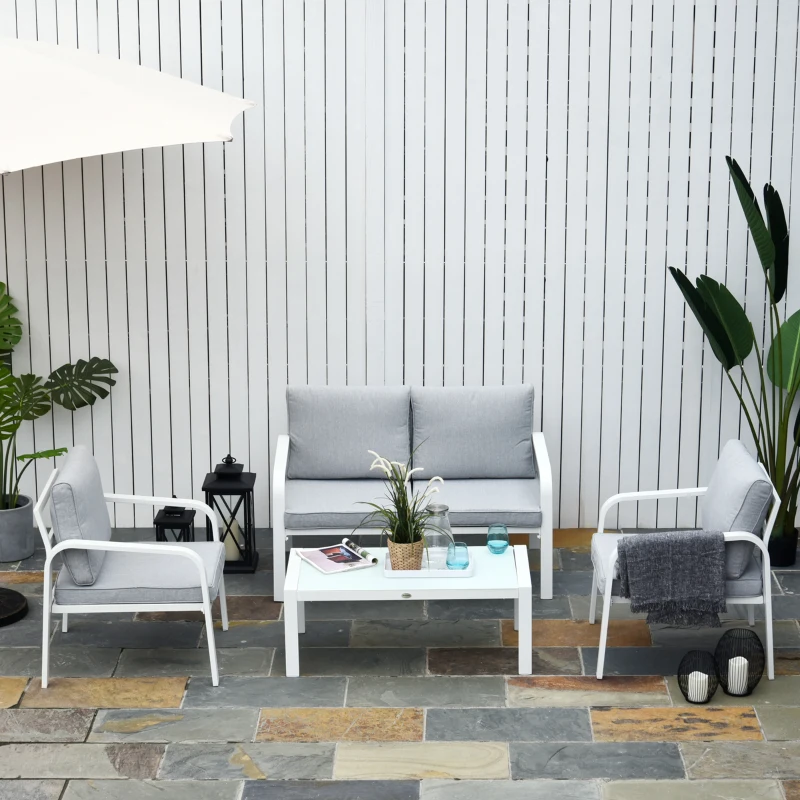 Outsunny Ensemble Salon de Jardin 4 Personnes - canapé 2 Places 2 fauteuils Table Basse - Coussins déperlants déhoussables Gris - Structure alu. Blanc