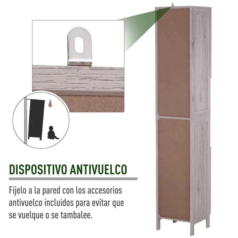 kleankin Columna de Baño Mueble Alto y Estrecho con Estantes Abiertos y 2 Armarios 30x32x172,5 cm Madera Grisácea