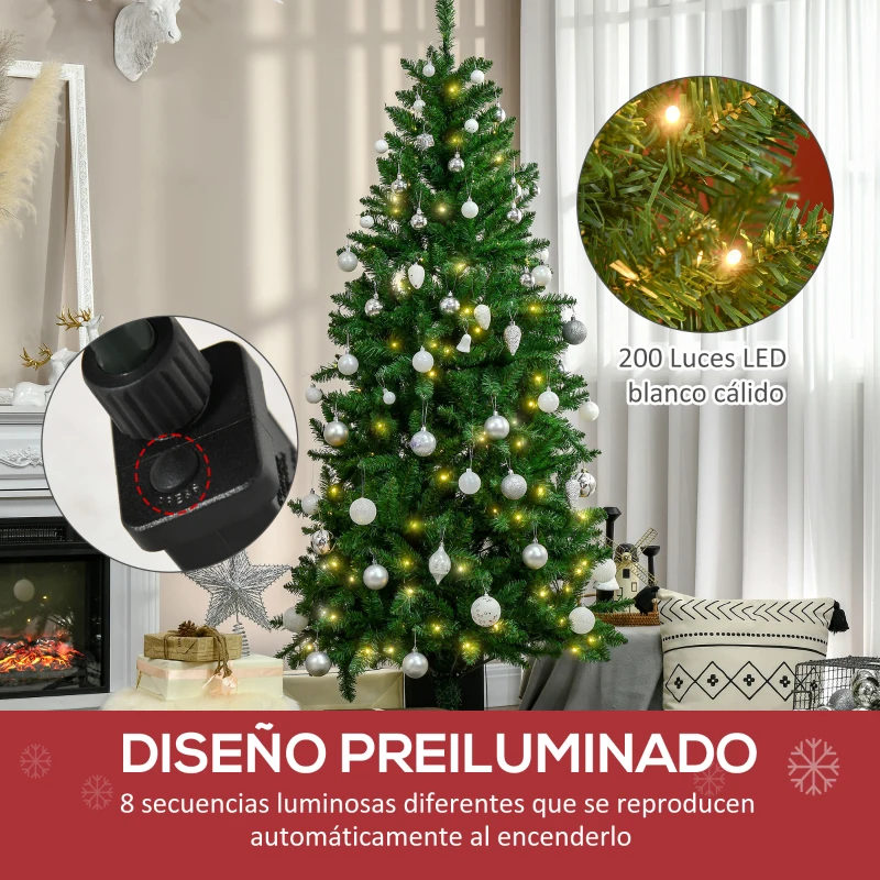 HOMCOM Árbol de Navidad Artificial con Luces Preinstaladas de 180 cm y 714 Ramas Decoración Navideña para Interior Verde