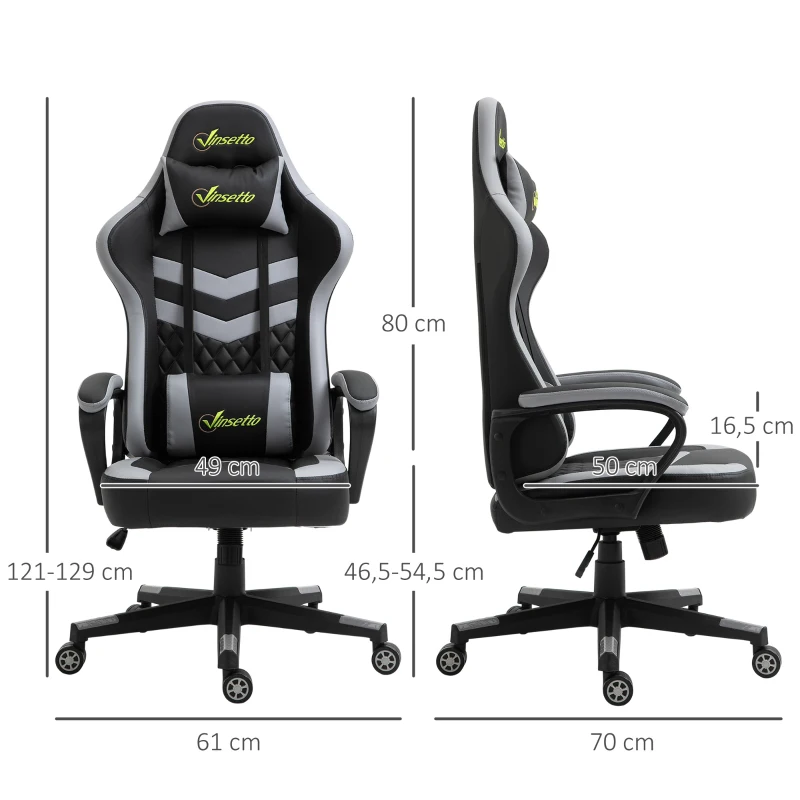 Vinsetto Silla Gamer Altura Regulable con Reposacabezas y Cojín Lumbar Carga 120 kg 61x70x121-129 cm Negro y Gris