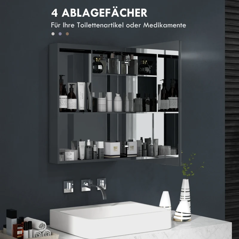 HOMCOM Spiegel-Badschrank, LED-beleuchtet, Anti-Beschlag, 50x13x70cm, Silber