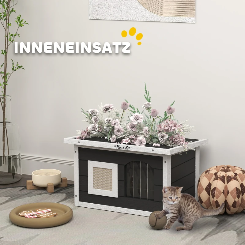 PawHut Katzenhaus, Rückzugsort für Katzen und Kaninchen, Holzhaus mit Kratzmatte, Türklappe, 61 x 45 x 36,5 cm, Grau(m-6)