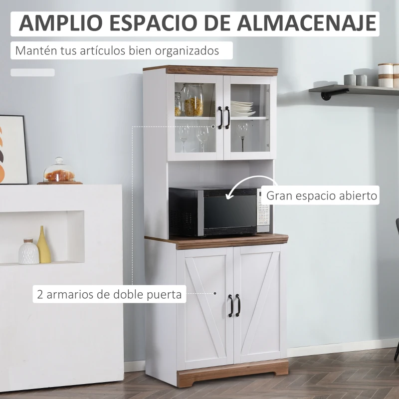 HOMCOM Aparador Alacena de Cocina Mueble Auxiliar con 2 Puertas de Vidrio y Baldas Ajustables 72x40x178 cm Blanco