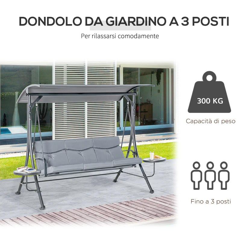 Outsunny Dondolo da Giardino a 3 Posti , Dondolo da Esterno con Tettuccio Regolabile e 2 Tavolini, Grigio 271x125x177cm