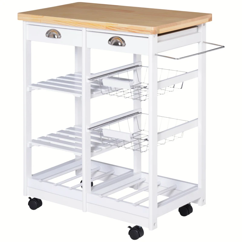 HOMCOM Carrello da Cucina Multiuso con 2 Cassetti, 2 Ripiani e 2 Cesti, in Legno di Pino, 74x37x76 cm, Bianco