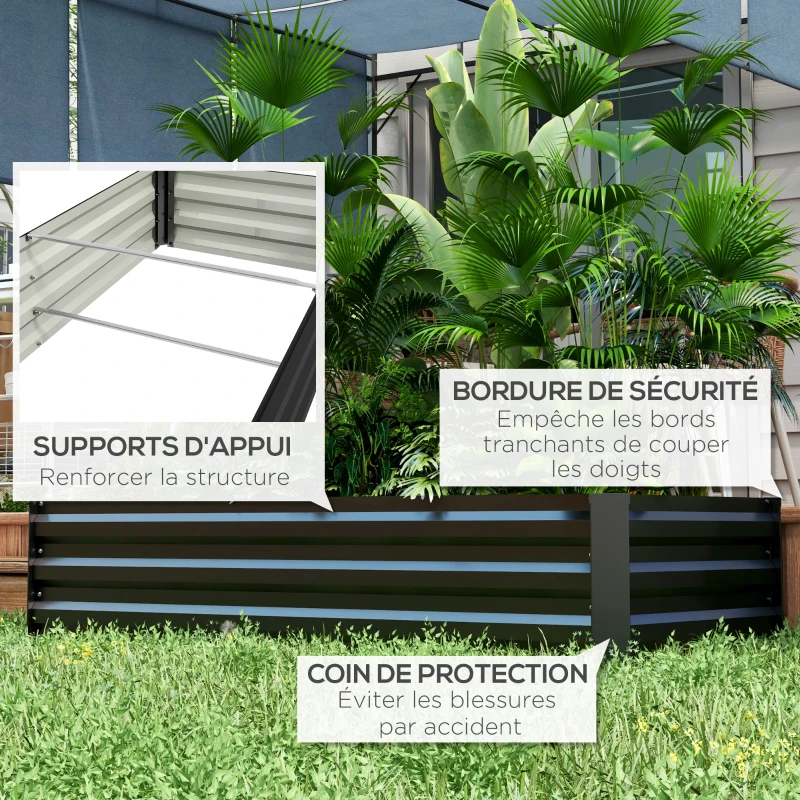 Outsunny Jardinière rectangulaire potager de jardin bac à fleurs en acier avec bordure de sécurité et fond ouvert noir