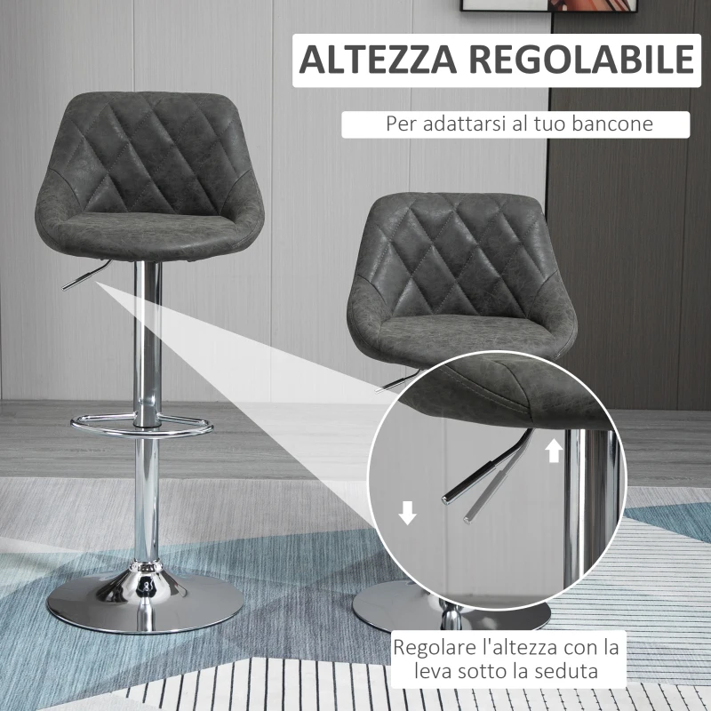 HOMCOM Set 2 Sgabelli da Bar con Altezza Regolabile, Base in Metallo e Seduta Finta Pelle, Sgabelli Alti Moderni Girevoli con Schienale e Poggiapiedi 46x48x83-104cm, Grigio Scuro